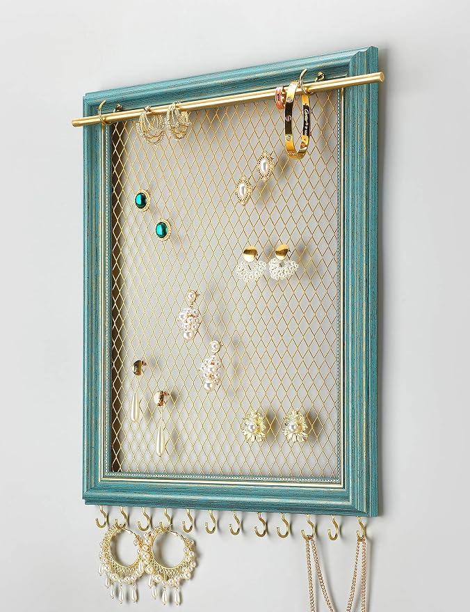 Heesch Hanging Earring Organizer Frame Wall Mounted Jewelry Holder Vintage Rustic Stud Earring Display with Removable Rod and 12 Hooks for Necklaces, Bracelets and Rings (Teal)