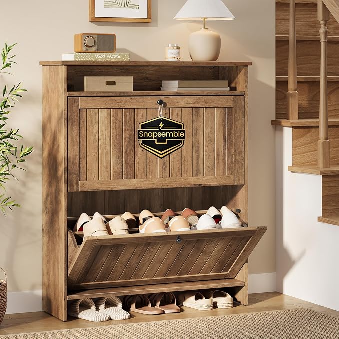 SONGMICS Home Shoe Cabinet, Snapsemble Superfast Assembly, Shoe Storage Cabinet for Entryway with 2 Flip Drawers, Adjustable Dividers and Open Storage, Farmhouse, Honey Brown