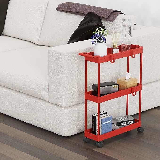 Simple Houseware 3-Tier Slim Rolling Cart w/Handle 5.5" Wx27.5 H, Red | Storage Cart for Narrow Space (5.5-Inch Wide) Kitchen, Bathroom, Laundry Room