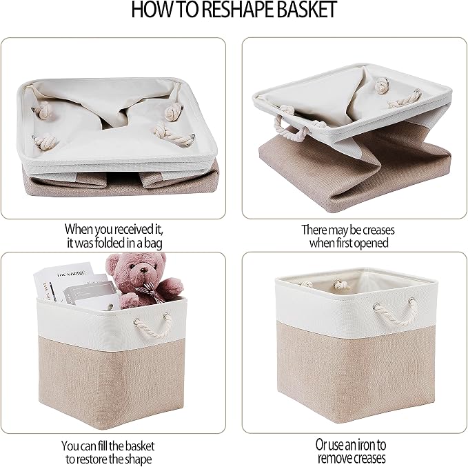 MidmmVick 13 x 13 Inch Cube Storage Bins, 4 Pack Large Collapsible Fabric Storage Bin with Ropes, Foldable Storage Cubes for Home, Office,Closet, Clothes, Toys Organizer (White & Beige)