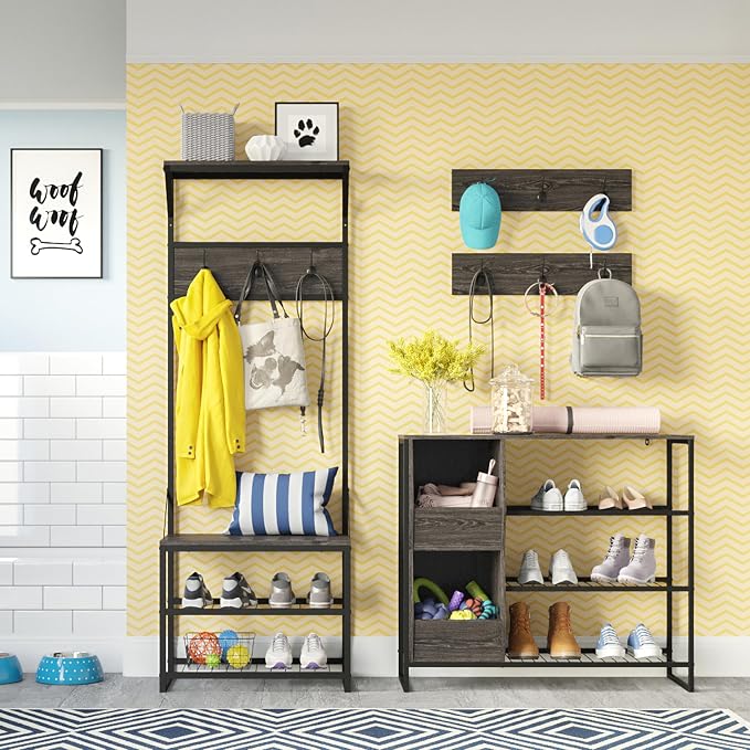 RiverRidge Afton Shoe Storage Organizer, Black Frame + Weathered Woodgrain | Versatile Entrway Shoe Rack with 3 Metal Shelves, and 2 Cubby Bins