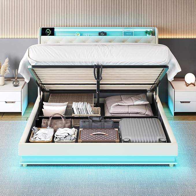 Ailisite Queen Size Lift Up Storage Bed, Upholstered Platform Bed with Button Tufted Wingback Storage Headboard, Bed Frame Queen Size with Led Lights and Charging Station, No Box Spring Needed, Beige | Lift up Storage, breathable material, with led lig...