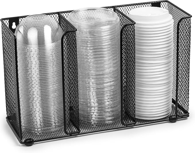 IneVibe 3 Compartment Lid Organizer Holder for Plastic Lids and Cups | Gridded Mesh Metal Rack Stand for Disposable Lids Storage in Kitchen, Cabinet, Drawers - Countertop or Wall Mount