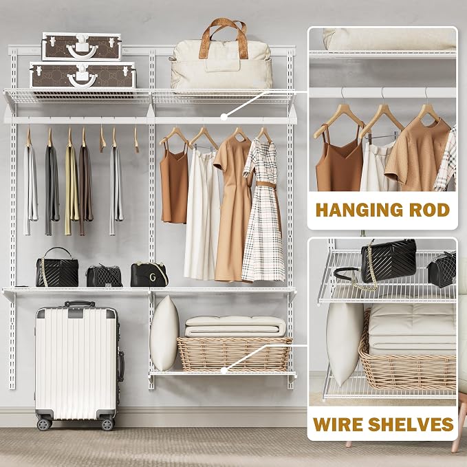 Closet System Wall Mounted 4-9.5 Ft, Heavy Duty Adjustable Wire Shelving with Hanging Rod, Custom Organizer Kit for Bedroom Laundry Mudroom, White