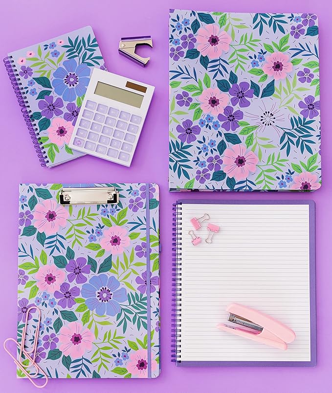 Steel Mill & Co Cute Mini Spiral Notebook, 8.25" x 6.25" Journal with Durable Hardcover and 160 Lined Pages, Lilac Floral