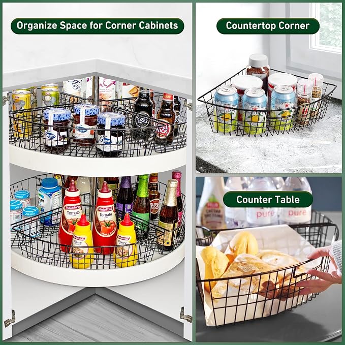 Leeden Lazy Susan Wire Storage Organizer Basket with Handle-Metal Cabinet Storage Bins -Kitchen Cabinet Organizer-1/4 Wedge Can Organizer Black (for 24" Lazy Susan, 4 Pack)
