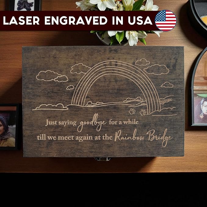 Engraved Pet Memory Box – Wooden Keepsake Box for Dog or Cat Remembrance – Pet Loss Gift – Medium Size – Dark Walnut Finish – 8.5 x 6 x 3 in