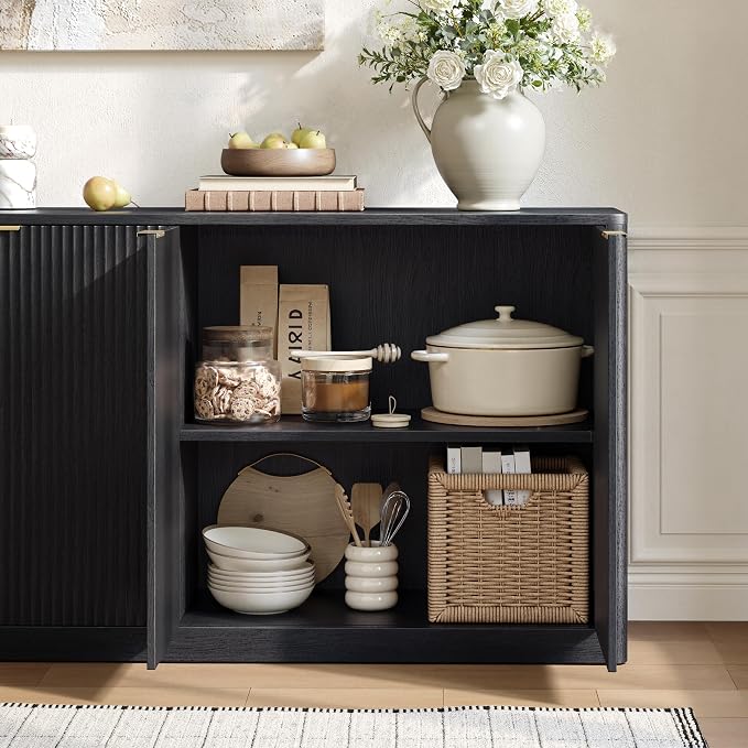 Evermagin 94.5" Fluted Black Buffet Cabinet with Storage | Mid-century modern wood sideboard, large credenza with 6 doors for kitchen or living room, 94.5"W x 31.5"H x 15.7"D