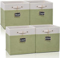 15x13x13 inch cube storage bin,Collapsible Fabric Storage Cubes with Labels 4 Pack,Linen Cube Storage Organizer Bins with Cotton Handles for Home,Nursery,Clothes,Shelves and Closet(White green).