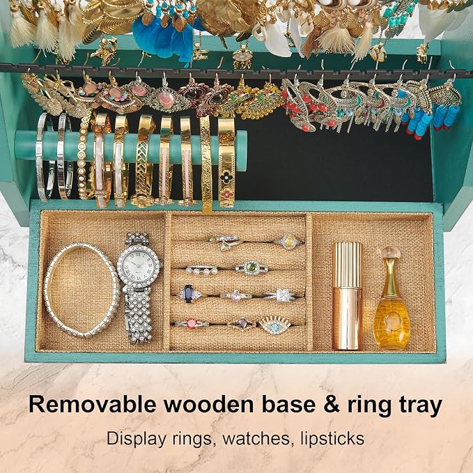 DGWJSU Jewelry Organizer Stand, 5 Layer Earring Holder Organizer with Necklace Holder, Rustic Wood Earring Organizer Display for Stud Earring Bracelet Necklace Ring, Watches