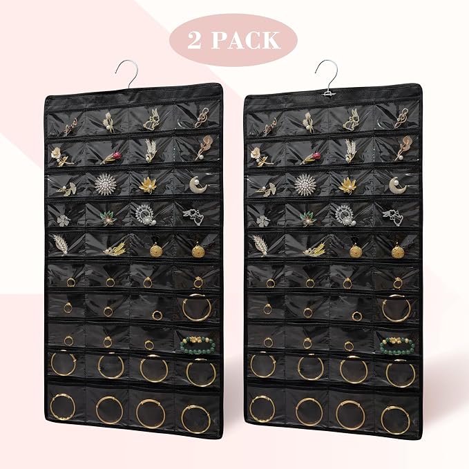 2 PACK (Each Pack 80 Pockets,Total 160 Pockets) Hanging Jewelry Organizer with Hanger Metal Hooks Storage On Wall Door Closet Double-Sided Jewelry Holder for Earrings, Necklaces, Rings (2 Pcs Black)
