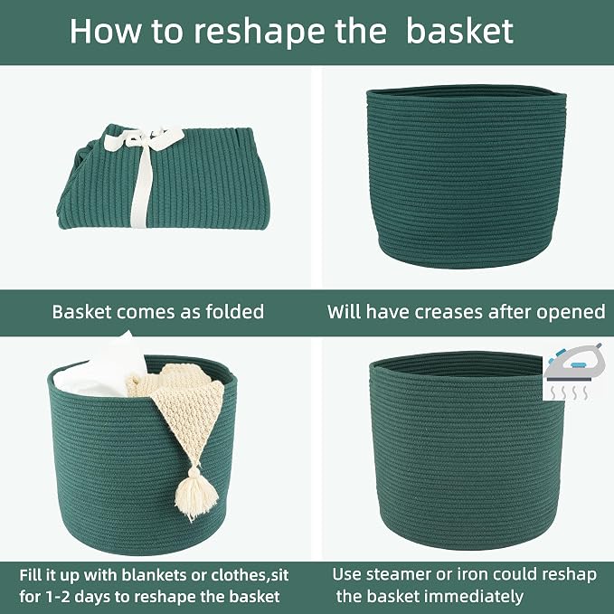 XUANGUO Cotton Rope Woven Basket, 16x14 in Kids Laundry Basket, dark green | Round blanket basket and small laundry basket; baby hamper or nursery storage bin for girls, boys, toys, clothes and shoes