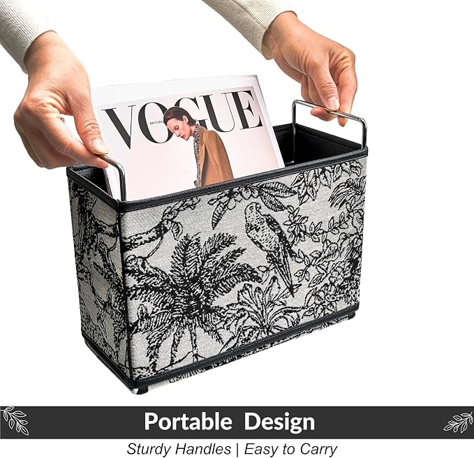 Leather Magazine Holder Rack Floor Basket for Bathroom & Living Room | No-assembly sturdy organizer in textured tapestry jacquard & leather. Randomly cut jungle pattern (no two are alike).