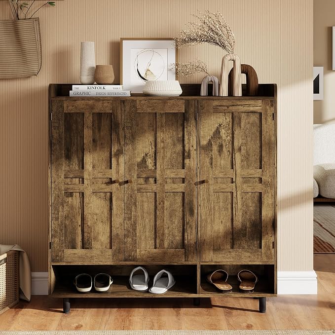 Shoe Cabinet with 3 Doors and Adjustable Shelves, Large Shoe Storage Cabinet for 24–30 Pairs, Modern Farmhouse Shoe Organizer with Open Bottom Shelf for Entryway, Living Room, Rustic Brown