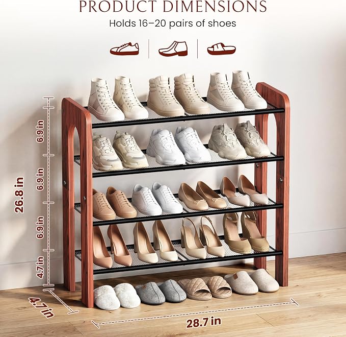 Wooden 4-Tier Shoe Rack, Free Standing Shoe Storage Organizer with Wood Legs and Metal Mesh Shelves, Shoe Shelf for Entryway, Closet, Hallway