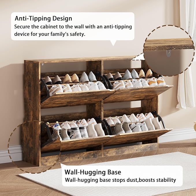 Shoe Storage Cabinet, Wood Shoe Organizer for Entryway with 3 Flip Drawers, Freestanding Shoe Rack with Adjustable Shelf, Narrow Shoe Dresser for Front Door Entrance (Brown, 4 Drawers)