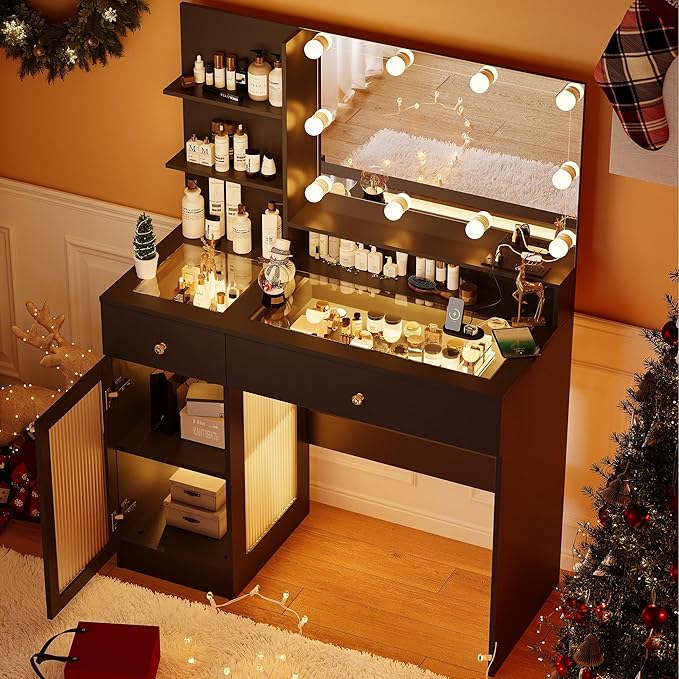 INNOD 40" Vanity Desk with Large Mirror and Lights, Modern Glass Top Makeup Vanity Set with Power Outlet, Drawers and Cabinet, 3 Lighting Color Adjustable Dressing Table for Bedroom, Black