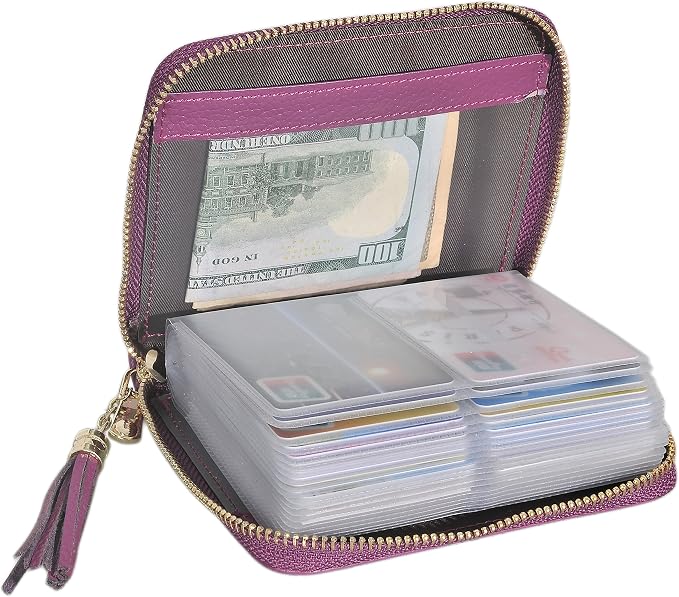 Easyoulife Womens Credit Card Holder Wallet Zip Leather Card Case RFID Blocking (Purple)
