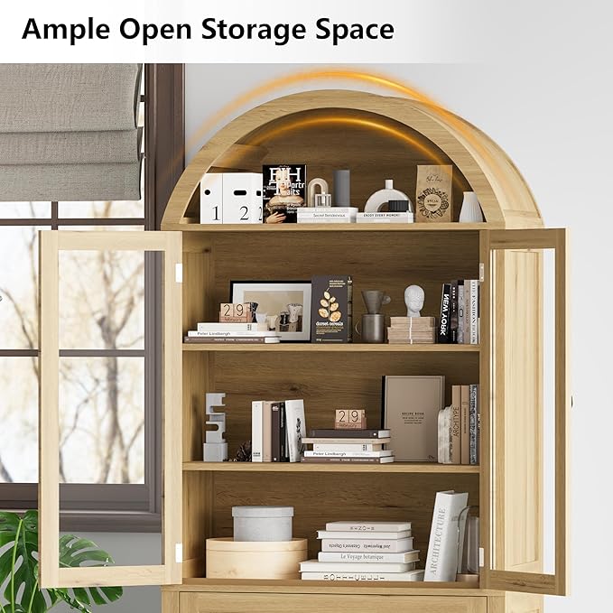 71" Tall Arched Bookshelf, 6-Tier Bookcase with Glass Doors & Adjustable Shelves, Wood Display Book Shelf with Drawers for Living Room, Dining Room, Natrual