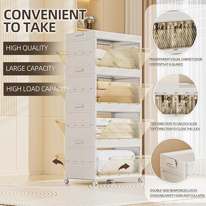 376 QT / 94 Gal Large Foldable Storage Cabinet with Wheels - Extra Capacity, Transparent Front & Back Doors, One-Pull Assembly, Silent Casters for Garage/Stockpile (PP Material)