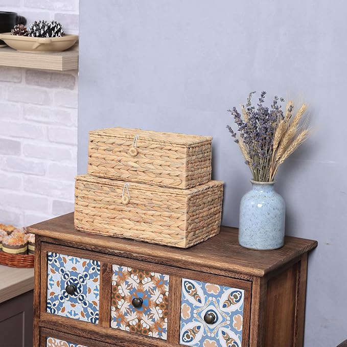 LUSYDECO Set of 2 Rectangular Wicker Storage Bins with Lid, Rattan Basket Decorative Boxes, Multipurpose Organizer Display Boxes for Shelf Organizer, Boho Rattan Box for Home Decoration