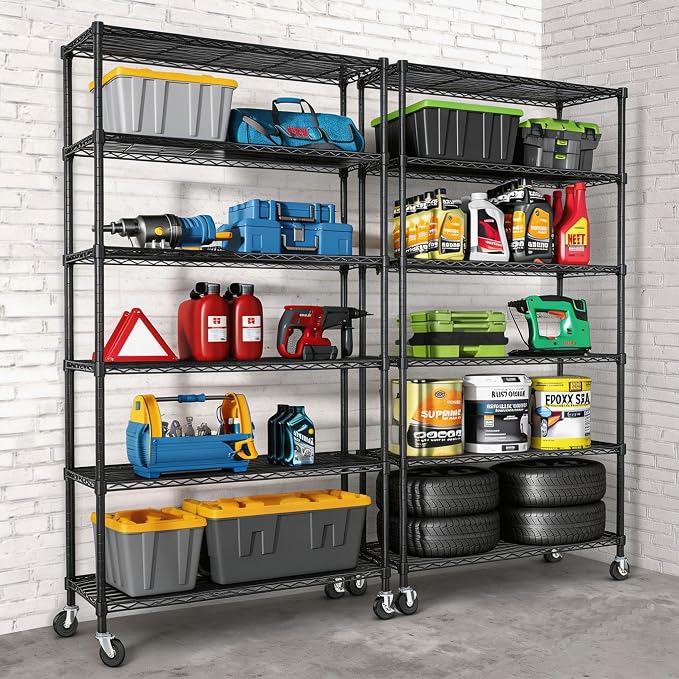 6 Tier Wire Metal Shelving Rack Garage Storage Rolling Shelves with Wheels | Heavy Duty Adjustable Industrial Shelves Unit Utility Sturdy Shelving for Kitchen Garage Pantry Bathroom Laundry