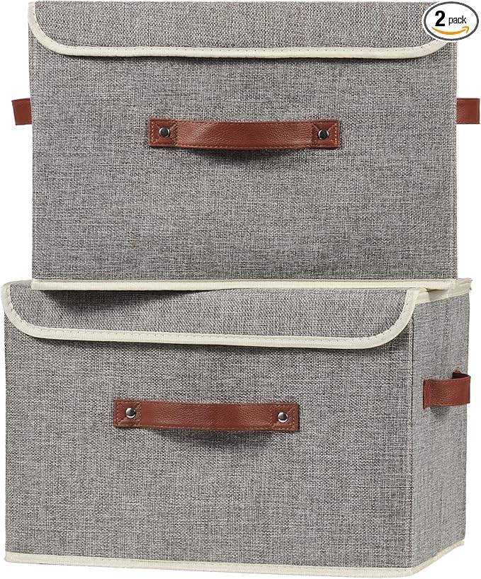 2PCS Storage Boxes with Lid Cotton Linen Fabric Storage Bins Organizer Container Decorative Collapsible Washable Shelf Closet Baskets Faux Leather Handles Home Bedroom (Gray, Large Size)