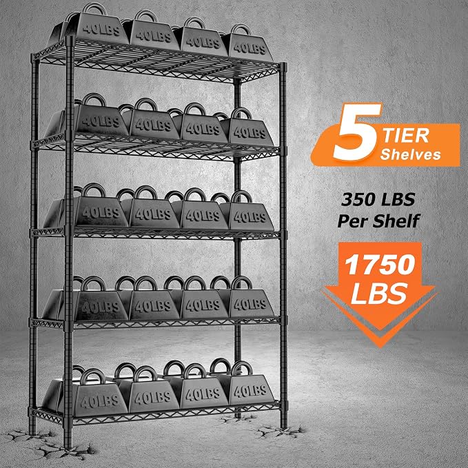ROOMTEC 5-Tier Wire Shelving Unit,36" W*14" D*72" H, Max Load 1750LBS | Adjustable Storage Shelves, Small Garage Shelving, Metal Shelf Rack for Kitchen, Laundry, Pantry, Warehouse, Basement