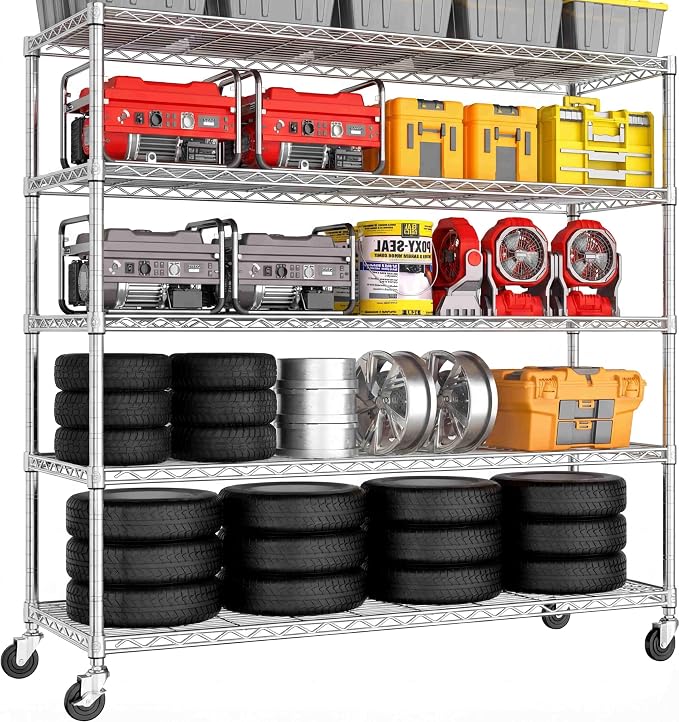 PrimeZone 5 Tier 48" Wx24''Dx81''H Wire Shelving with Wheels 3000lbs NSF Certified Storage Shelves Heavy Duty Metal Shelf Adjustable Rolling Rack Commercial Garage Restaurant Warehouse Kitchen Chrome