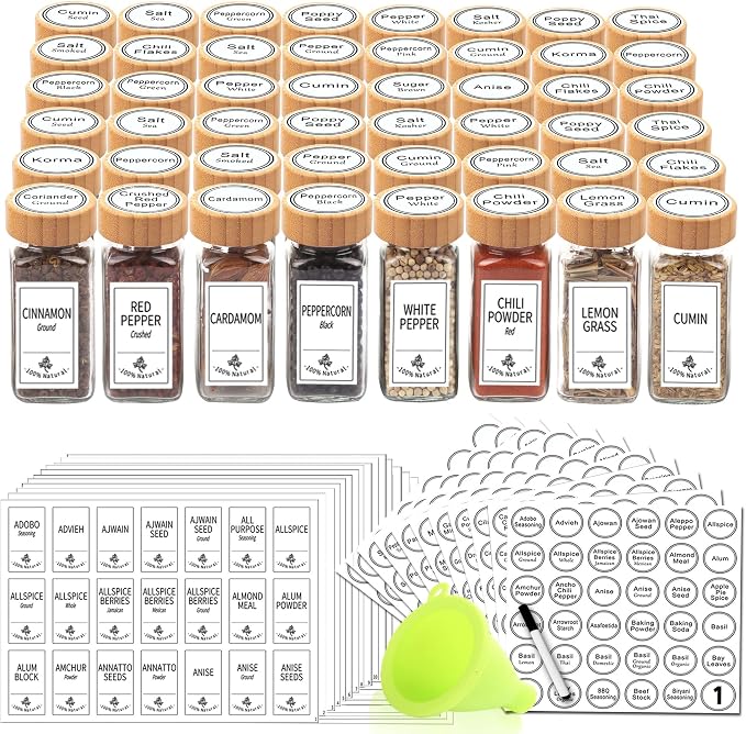SWOMMOLY 48 Pcs Glass Spice Jars with Bamboo Lids, 4 oz Empty Spice Bottles | Square Spice Containers with 806 White Spice Labels, Airtight Cap, Pour/sift Shaker Lid, Chalk Marker and Funnel.