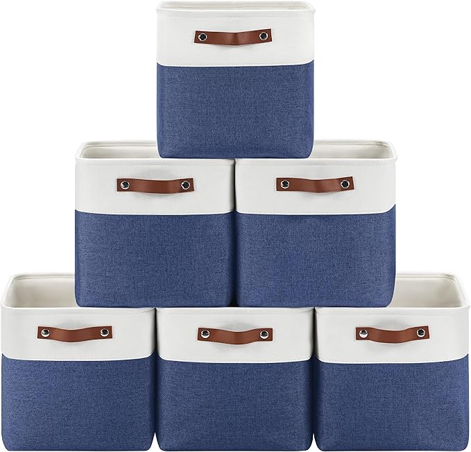 Patvingot Fabric Storage Cubes 11", 6 Pack, with PU Pull Handles,Foldable | For accessories on cube shelves or in closets; reinforced opening, pull-out access, folds flat when empty,white and blue