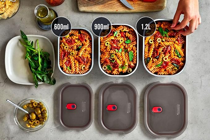 BLACK + BLUM Stainless Steel Microwave Safe Container Set | Mixed Set of 3 | Set of 600ml/900ml/1.2L, Leak Proof & Airtight, Durable & Reusable, Stackable Food Storage, Ideal for Meal Prep Batch Cooking