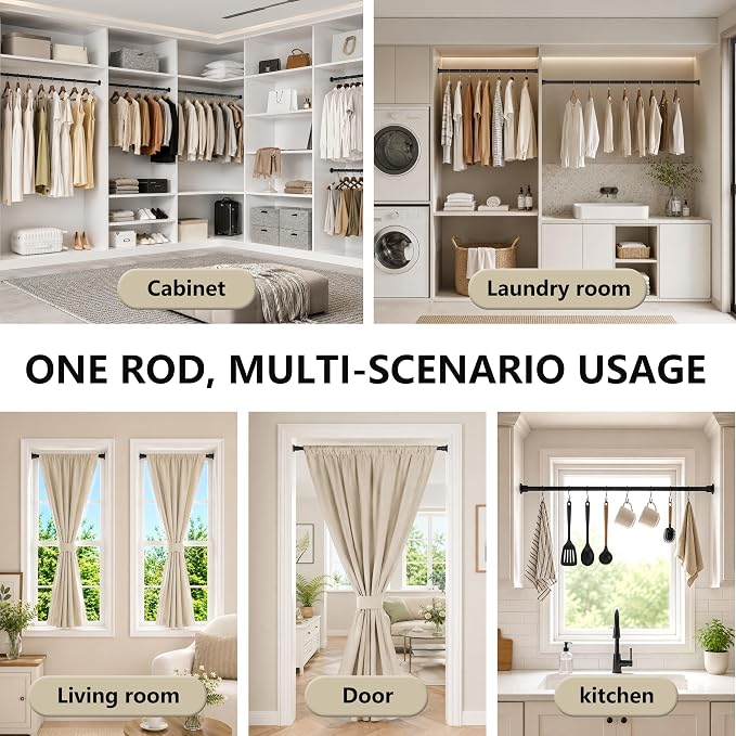 Tension Curtain Rod by EZFurni, 28 to 42 Inch, Adjustable Curtain Rods No Drilling, Heavy Duty Tension Rod, Anti-Slip Spring Loaded Curtain Rods for Window, Closet, Door, Black
