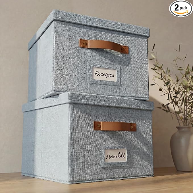 ZICOTO Decorative File Organizer Box Set of 2 - Collapsible Linen Filing Cabinets w/Handles Are Perfect to Store all Your Documents & Hanging File Folders - Portable Easy Slide Crates with Lid