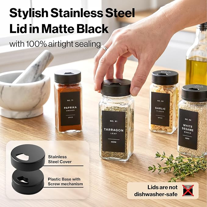 EDELHAUS Glass Spice Jars with Label and Black Sprinkle Lids (24 x 4oz) | Airtight Lids keep spices fresh, Kitchen Spice Drawer Organizer, 4oz Seasoning Containers incl. Funnel, Brush & 240 Labels