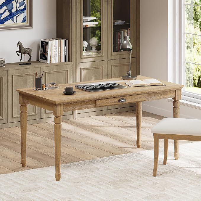 Polibi 60" Farmhouse Writing Desk with Drawer Keyboard Tray (Seadrift) | Turned Legs, Quick Assembly, Pre-Assembled Top, For Home Offices, Writing, Computer Workstations.