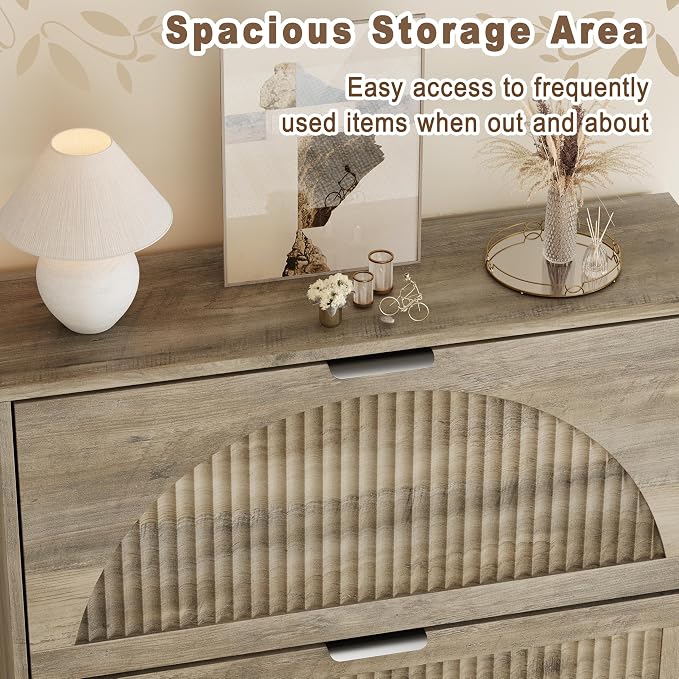 Shoe Storage Cabinet with 3 Flip Drawers, Narrow Wood Shoe Organizer Cabinet with Fluted Panel, Slim Shoe Rack for Entryway, Freestanding Shoe Cabinet for Living Room, Hallway, Grey