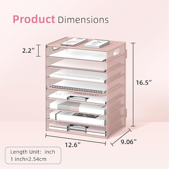 DALTACK 9-Tier Paper Organizer for Desk, Mesh Letter Tray Desk Organizer with Handles, Space-Saving File Organizer for Office Home School, Pink 2 Pack