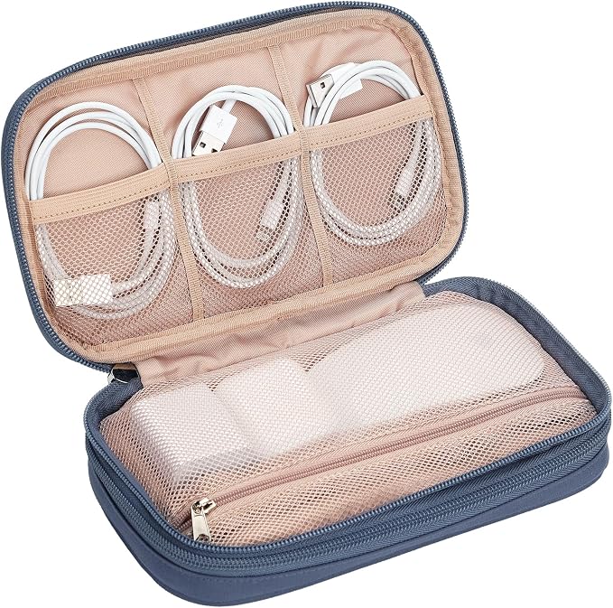 NISHEL Electronics Travel Organizer Cord Case, Charger Cable Tech Bag | Double-layer bag keeps chargers, cables, flash drive, and small tech essentials organized for trip, Medium, Aegean-Blue