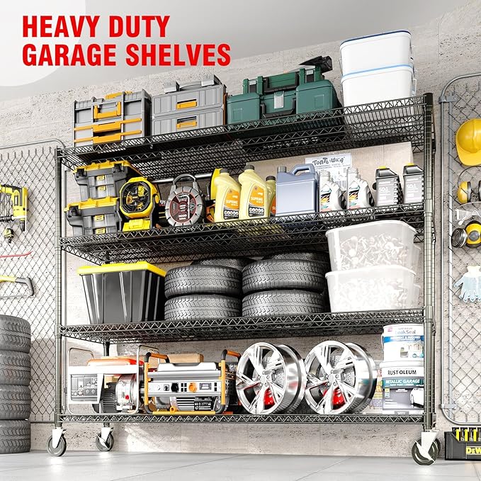 Metal Shelving with Wheels, 2640LBS 4-Tier Heavy Duty Garage Storage Shelves, Adjustable Wire Rack Shelving Unit w/Casters, Rolling Shelf for Home, Workshop, Basement, 74" H×24" D×60" W