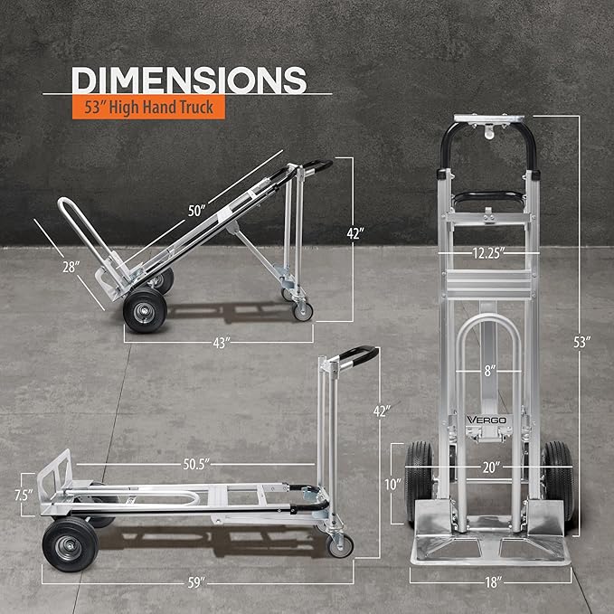 Vergo Industrial Convertible Hand Truck - AS7A2 Heavy Duty Aluminum 3 in 1 Dolly (750 lb Capacity) Lightweight Frame, Ergonomic Handle, Extendable Loop, Versatile Moving Cart (3 Positions, 53" High)