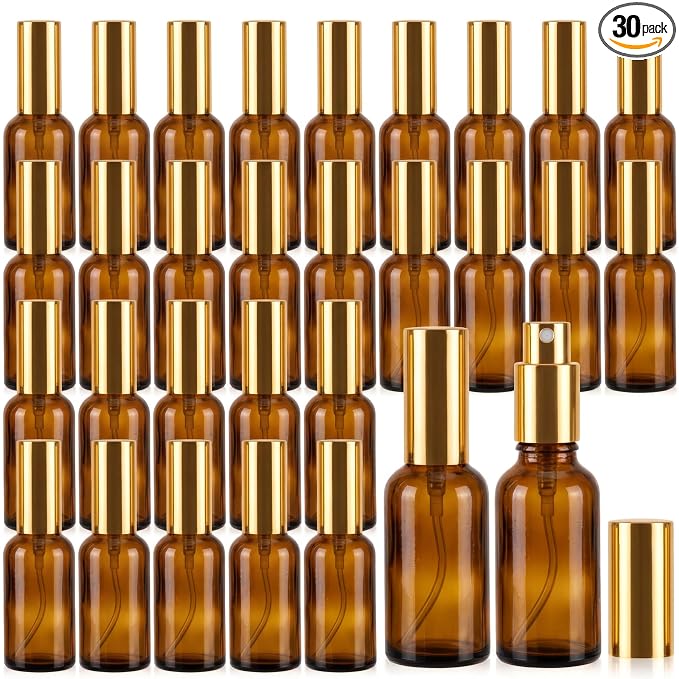 Roshtia 30 Pcs Glass Spray Bottle Clear Empty Bottles Small Refillable Reusable Perfume Bottle with Fine Mist Sprayer Pump for Face Body Travel(2 oz,Amber)