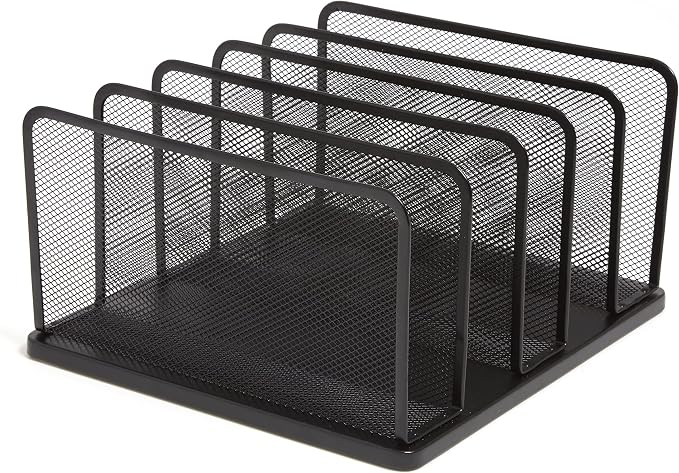 TRU RED Wire Mesh File Organizer, 5‑Compartment, Matte Black – Vertical Desktop Sorter for Files, Folders & Mail