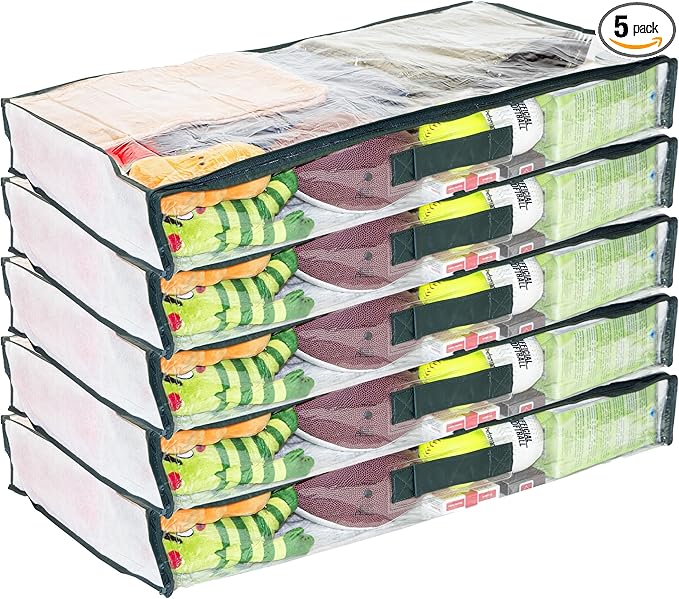 5-Pack Clear Vinyl Zippered Underbed Storage Bags 32 x 16 x 4 Inch with Dark Green Trim, 11 x 14.5 Insert Pocket and Handle