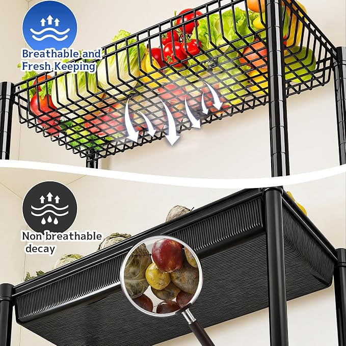 DurayLoly 7-Tier Wire Shelving Unit with Basket Shelf & Locking Wheels, Storage Shelves with Hooks for Space-Saving Kitchen Pantry Bathroom Closet Organizer, 72" H x 30" W x 14" D, Black