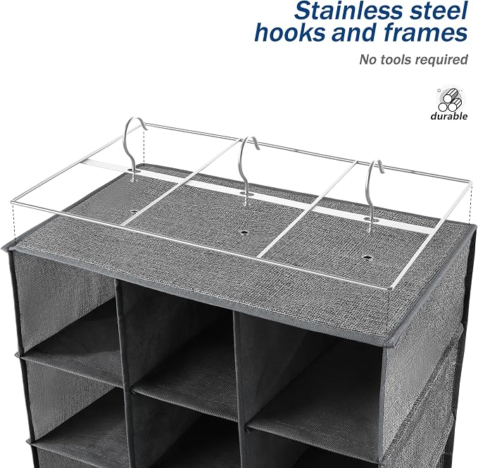 Libeder Shoe Organizers for Closet, 15 Shelf Hanging Closets Storage Shelves,12 Rack Organizer 3 Large Compartment for Clothes, Space Saving for Shoes with 3 Metal Hook(Grey)