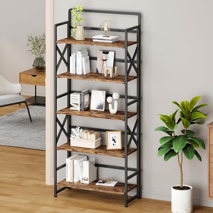 No Assembly Folding Bookshelf, 5 Tiers Vintage Wood Collapsible Book Shelf for Storage,Industrial Metal Foldable Bookcase Organizer for Living Room Bedroom Home Office (Rustic Brown)