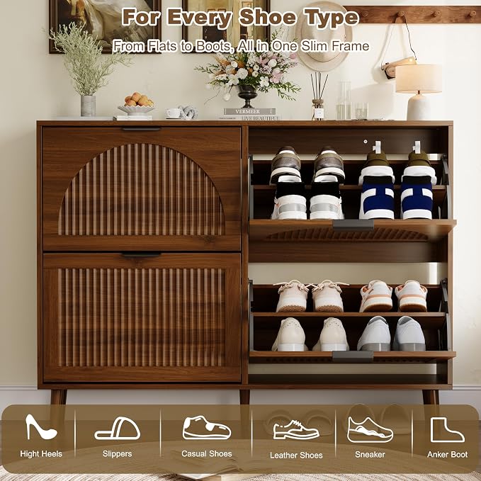 Shoe Storage Cabinet with 4 Flip Drawers, Narrow Wood Shoe Organizer Cabinet with Fluted Panel, Slim Shoe Rack for Entryway, Freestanding Shoe Cabinet for Living Room, Hallway, Walnut