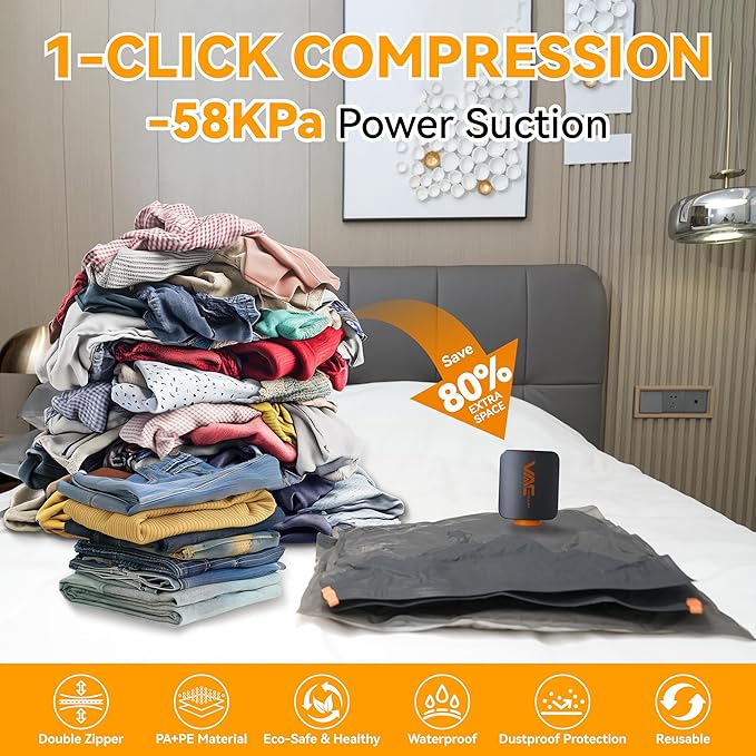 Travel Vacuum Bags for Clothing with Rechargeable Cordless Pump,Vacuum Storage Bags,9 Pack Vacuum Bags,Compression Packing for Clothes,Pillows,Comforters & Travel