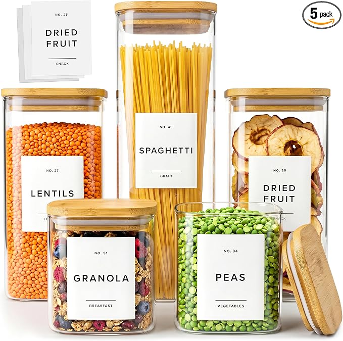 Glass Pantry Storage Jars Containers with Bamboo Lids and Labels - Set of 5 | Extra Thick Square Glass Canisters with Bamboo Wood Lids and 54 Pre-printed Pantry Labels keeps dry Goods Fresh and Organized